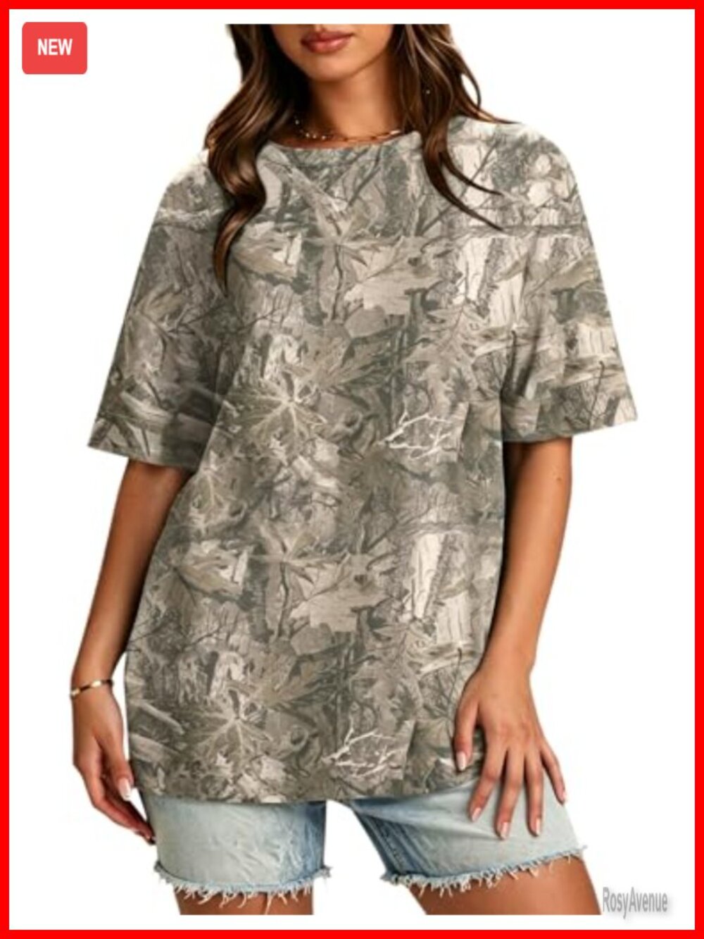 Cotton-Blend Oversized Camo Print Tee Short Sleeve Crew Neck Casual Top